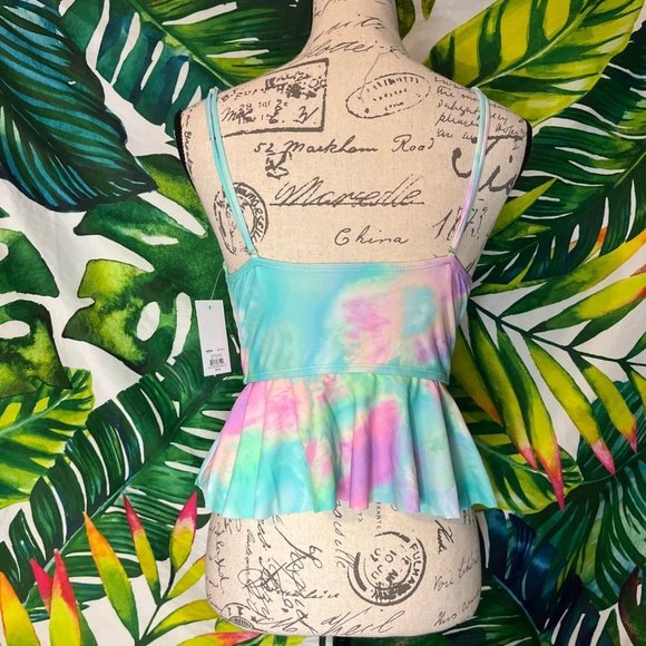 NWT SO Juniors Medium Aqua Purple Pink Mermaid Color Ruffle Tankini Swim Top - Picture 4 of 6